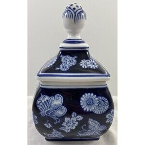 Bombay Co Square Jar Blue White Canister 7.25" Navy Floral Butterfly Vintage